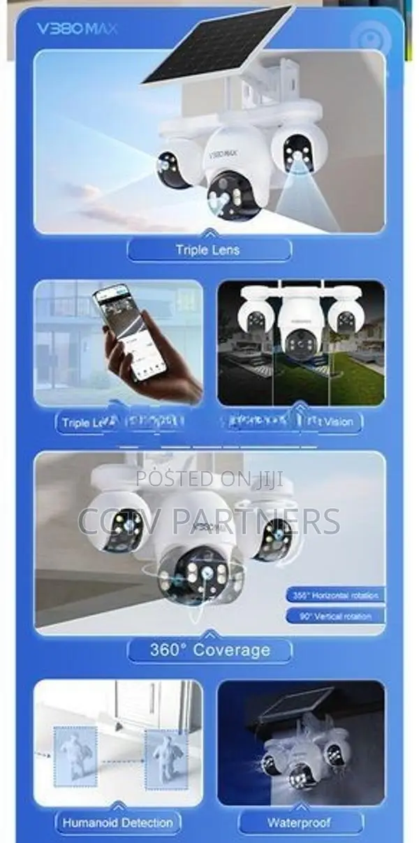 V380MAX Triple Lens remotely controllable 4G Solar colorvu cctv camera