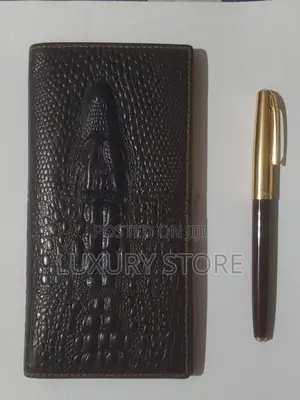 Cow Leather Crocodile Head :Long Wallet with Pen