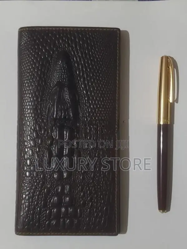 Cow Leather Crocodile Head :Long Wallet with Pen