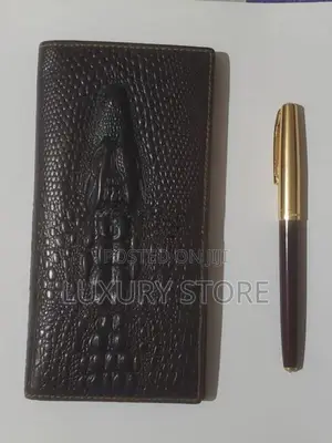 Cow Leather Crocodile Head :Long Wallet with Pen