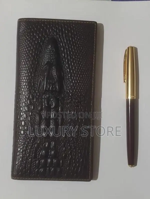 Cow Leather Crocodile Head :Long Wallet with Pen