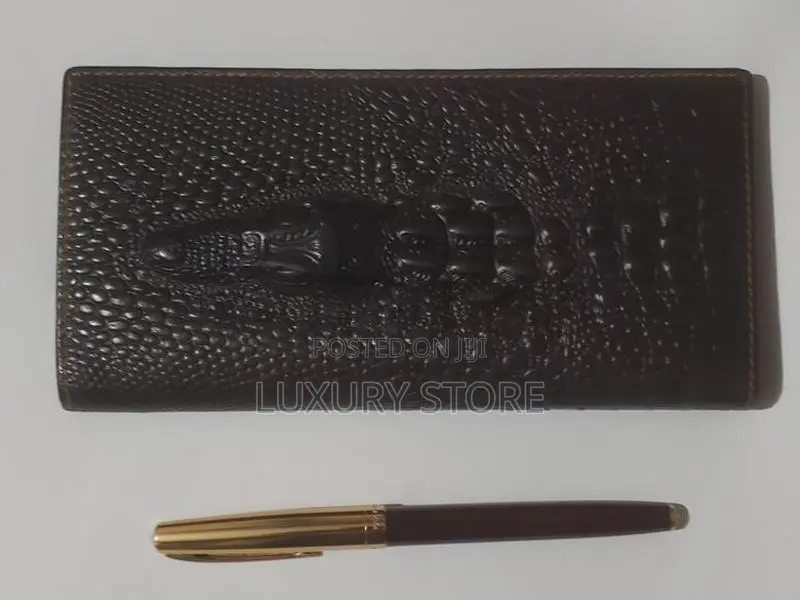 Cow Leather Crocodile Head :Long Wallet with Pen