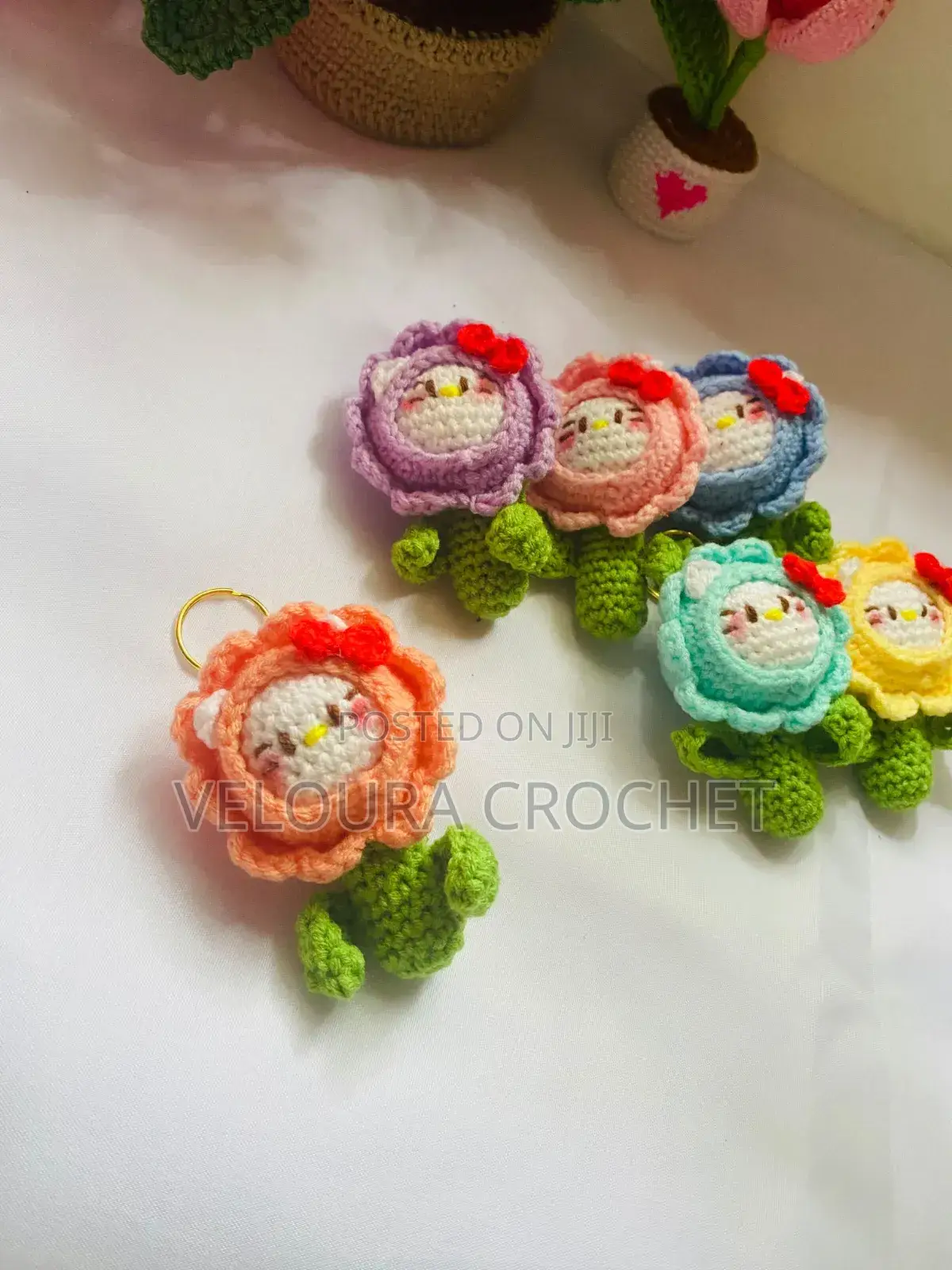 Crochet Hello Kitty Flower Key Chain
