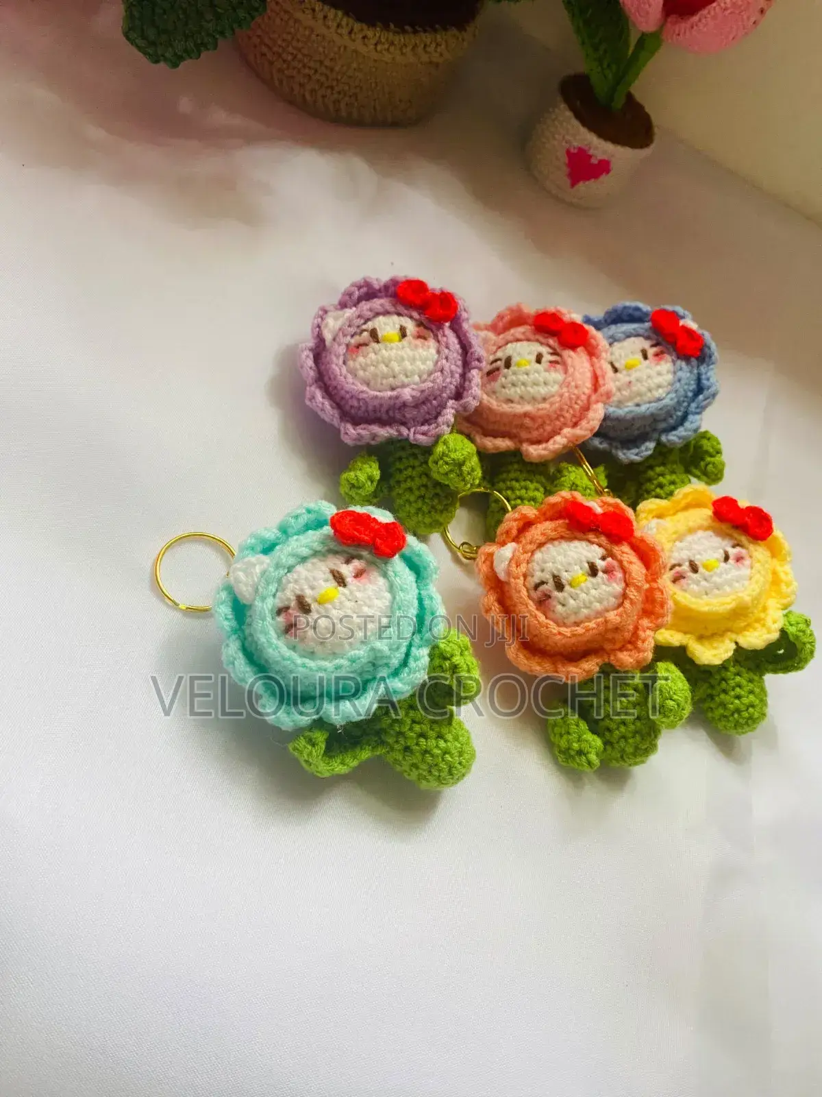 Crochet Hello Kitty Flower Key Chain