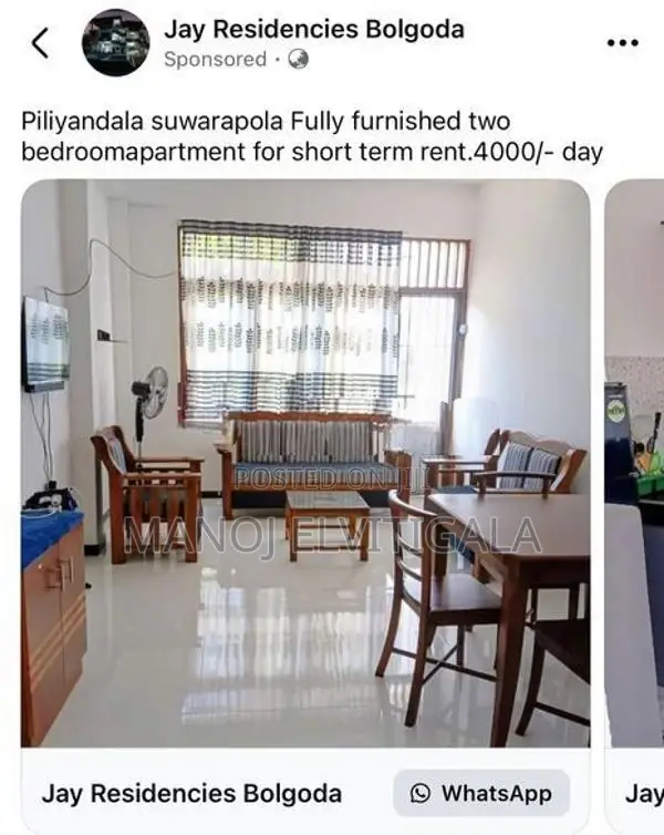 Two Bed Fully Furnished Apartment Rooms For Short Term Rent Piliyandal