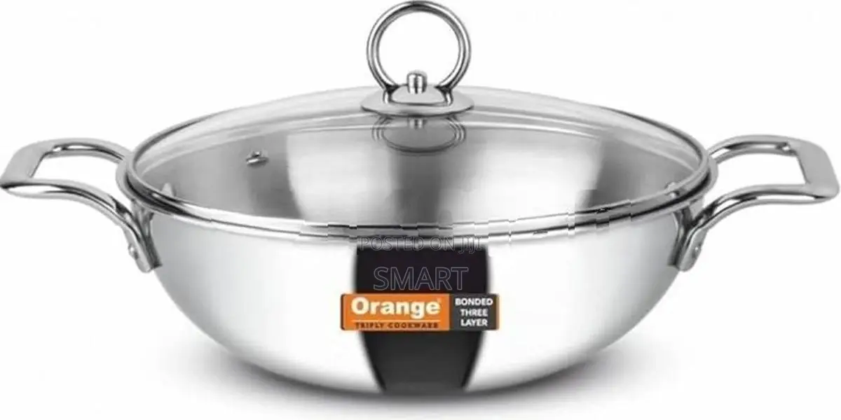 Orange 2.5 L (22 Cm) Stainless Steel Deep Kadai with Glass Lid