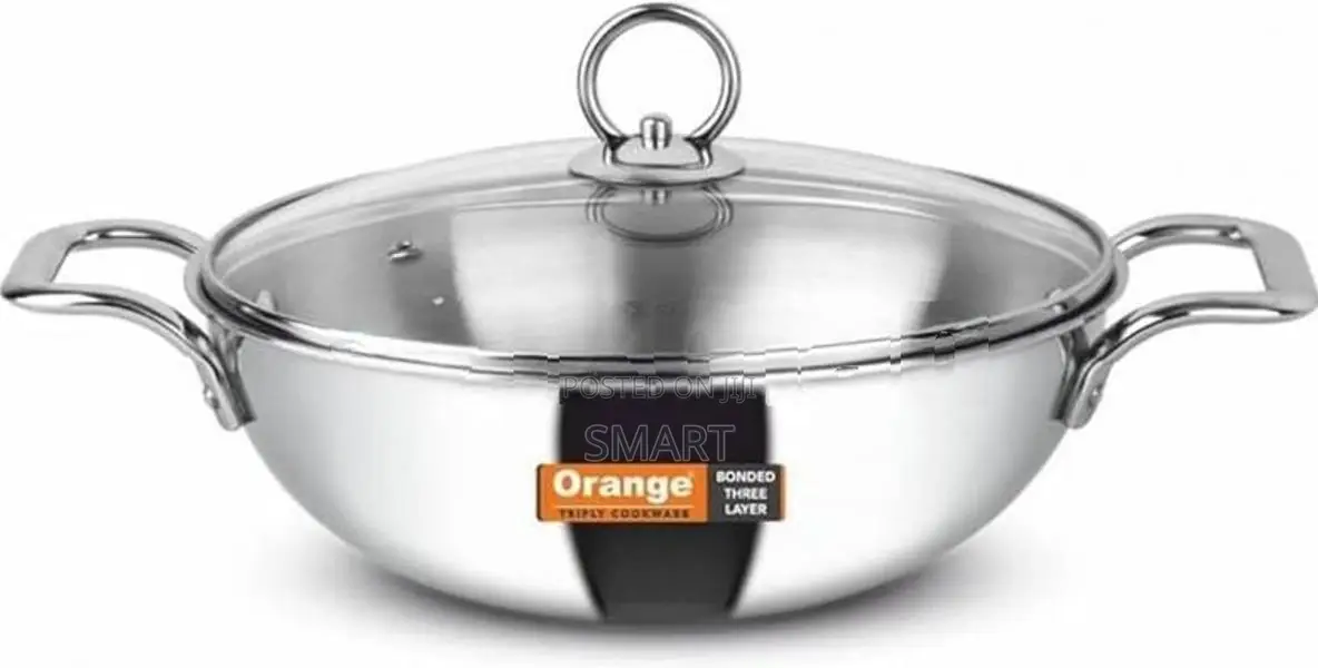 Orange 3.0 L (24 Cm) Stainless Steel Deep Kadai with Glass Lid