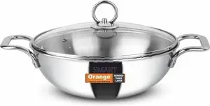 Orange 3.0 L (24 Cm) Stainless Steel Deep Kadai with Glass Lid