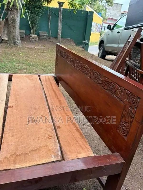 Teak 4 Feet Double Bed with Carved Headboard