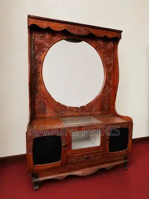 Antique-Style Carved Wooden Dressing Table with A Large Framed Mirror