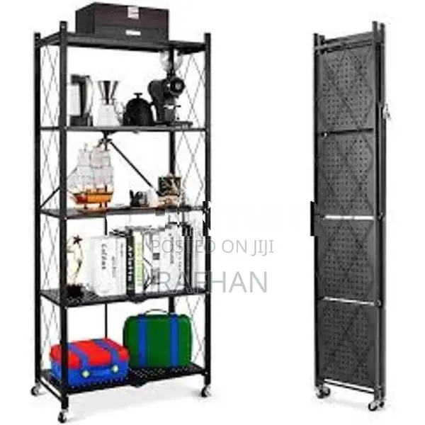 5 Tier Foldable Storage Rack. Metal Black Rack
