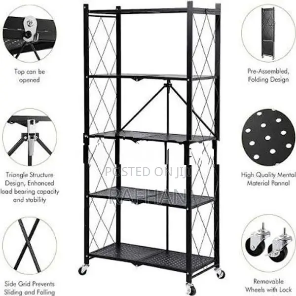 5 Tier Foldable Storage Rack. Metal Black Rack