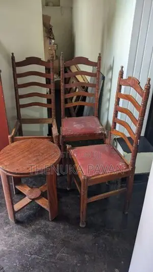 3 Wooden High-Back Chairs With Round Side Table
