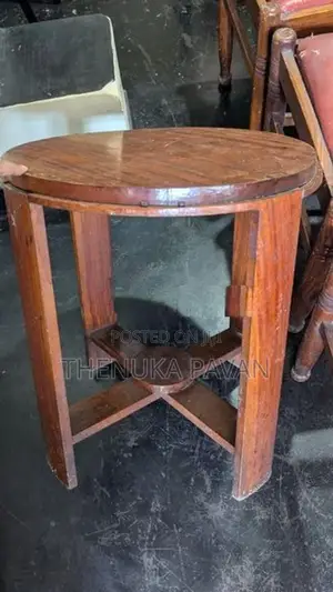 3 Wooden High-Back Chairs With Round Side Table