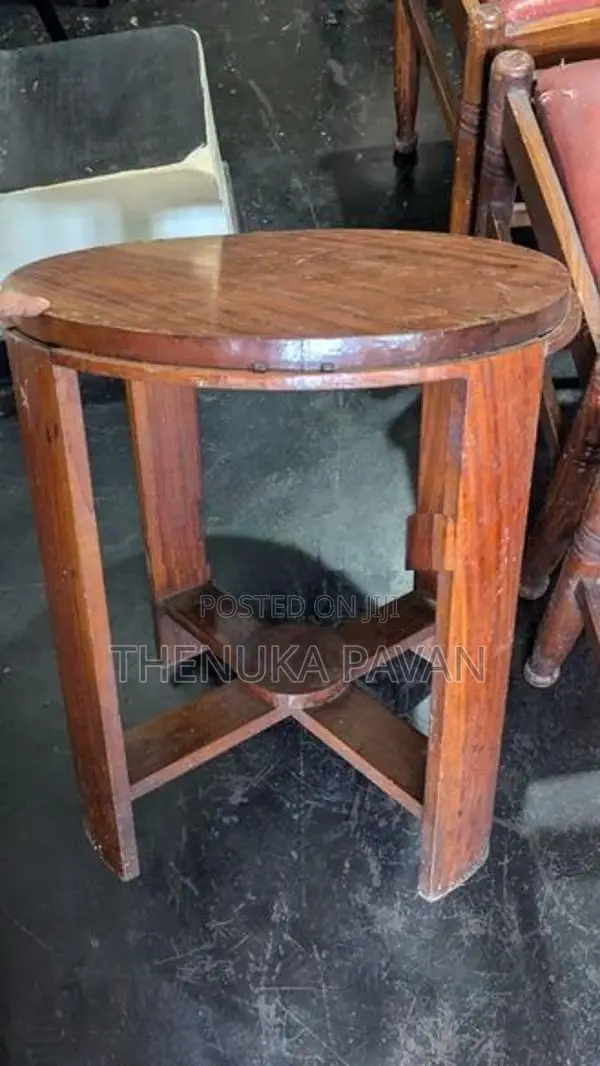 3 Wooden High-Back Chairs With Round Side Table