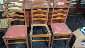 3 Wooden High-Back Chairs With Round Side Table
