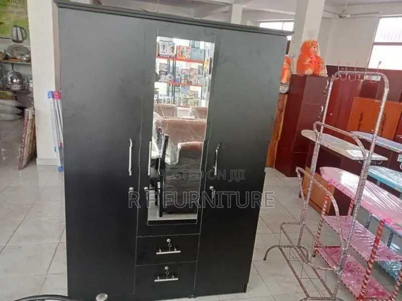Melamine Black 3 Door Cupboard with Mirror