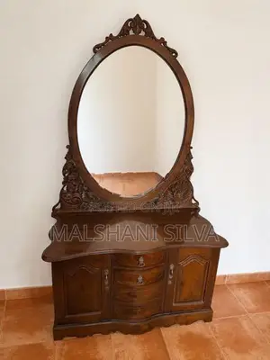 Vintage Solid Teak Dressing Table With Oval Carved Mirror