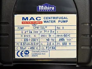 MAC CPM 130L Centrifugal Water Pump 1/2HP Motor Large Impeller