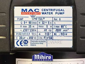 Mac 158L 1HP Copper Motor 1" large Brass Impeller Centrifugal Water Pu