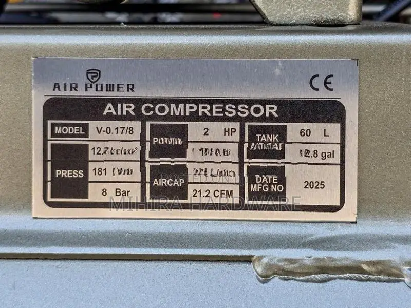 Air-Power 60L 2HP 8 Bar Double Piston Air Compressor