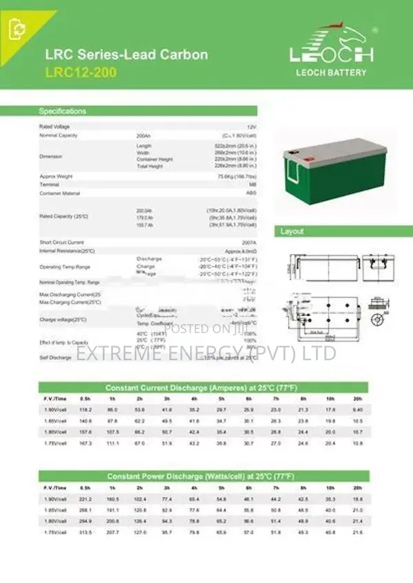 Leoch 200AH 12V Lead-Carbon Battery LRC12-200