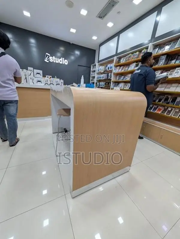 Complete Mobile Shop Display Shelves With Cashier Counter Table
