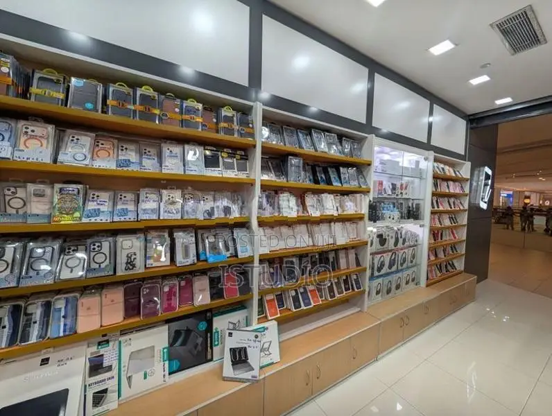 Complete Mobile Shop Display Shelves With Cashier Counter Table