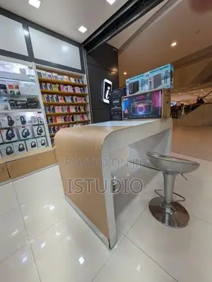 Complete Mobile Shop Display Shelves With Cashier Counter Table
