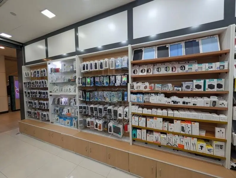 Complete Mobile Shop Display Shelves With Cashier Counter Table