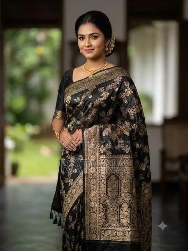 Black Banarasi Silk Saree With Gold Zari Work Matching Blouse Piece