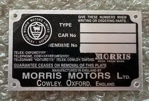 Brand New Morris Minor Chassis ID Plate