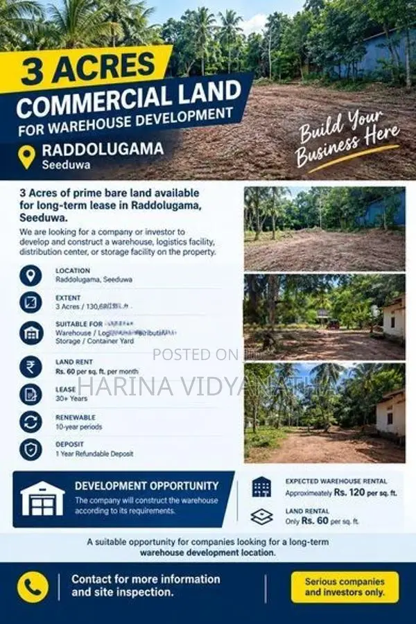 3 Acres Commercial Land For Warehouse Development – Raddolugama