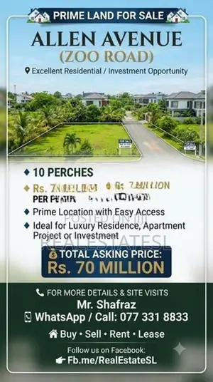 Prime 10 Perch land for sale at Zoo rd Dehiwela