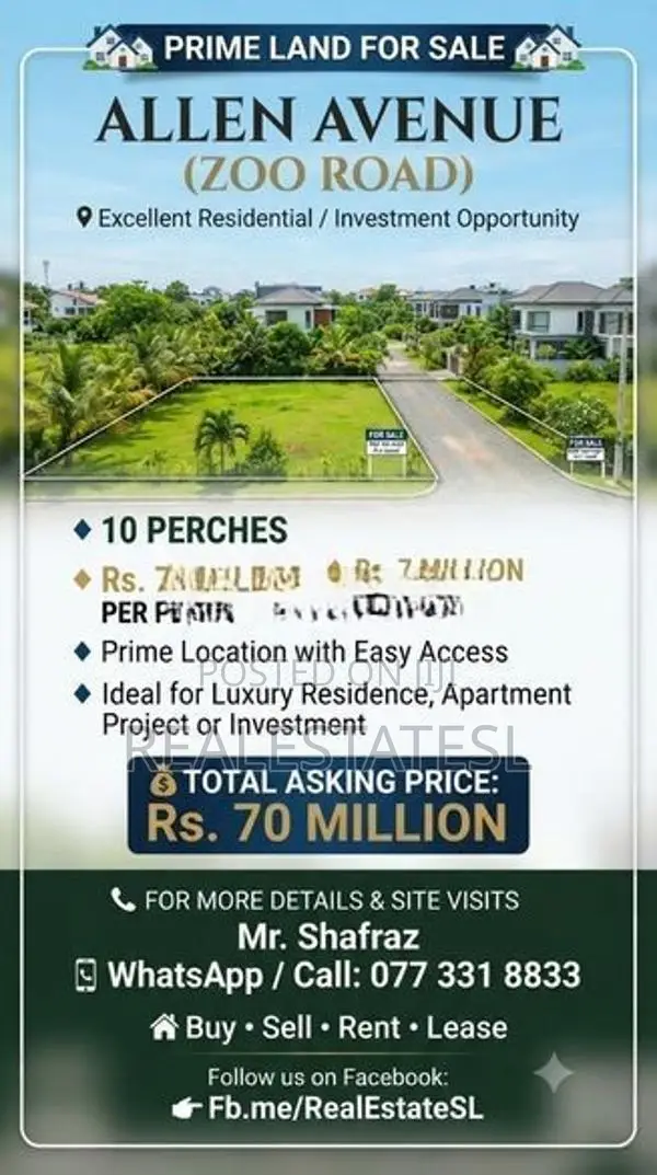 Prime 10 Perch land for sale at Zoo rd Dehiwela