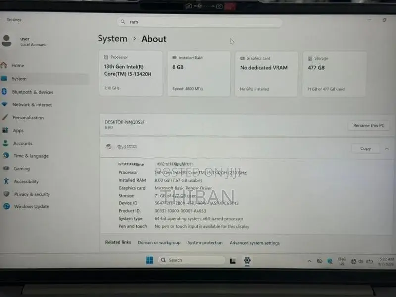 Lenovo Slim Pad 3i 13th Gen Intel Core i5 Laptop 8GB RAM 512ssd