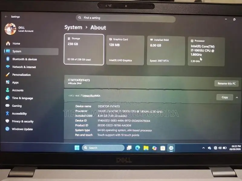 Dell Latitude i7 10TH Gen 8GB RAM 256GB SSD