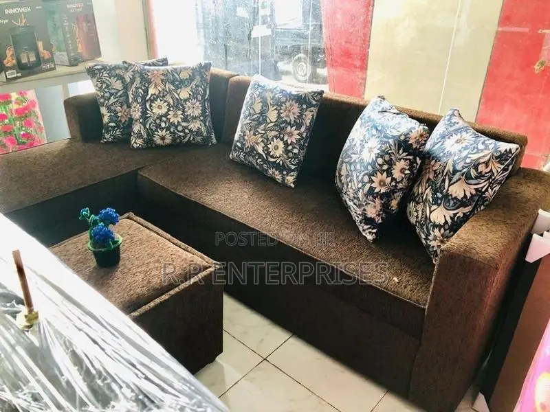 Brown L Sofa Set with Stool Pillow
