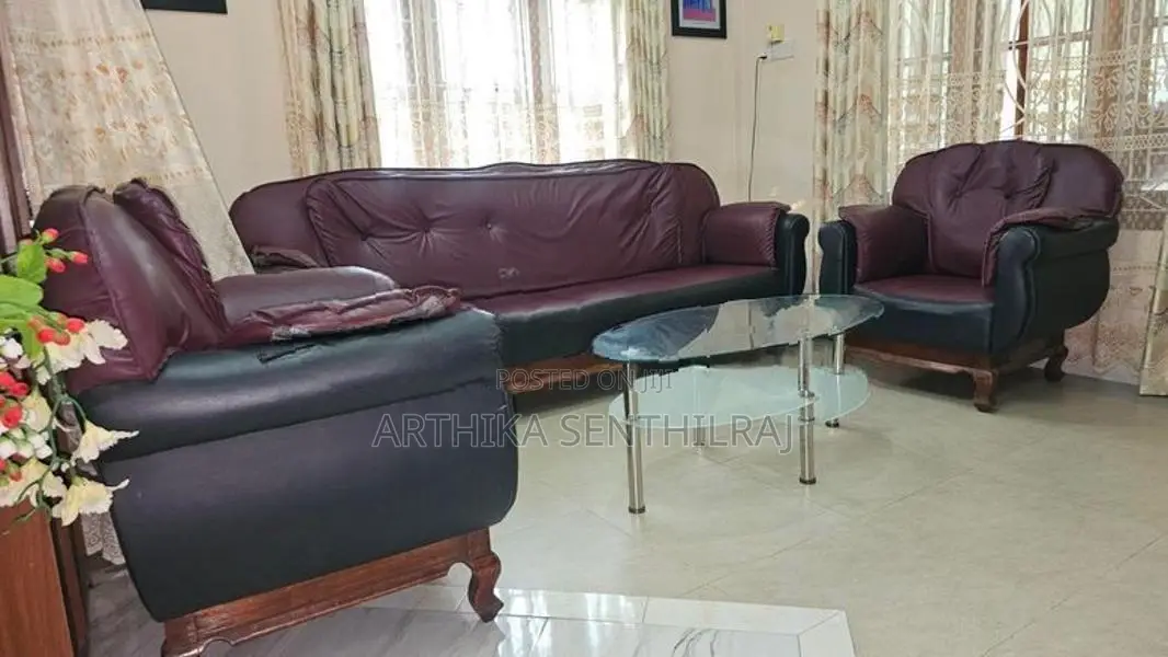 Maroon With Black Leather Sofa Set