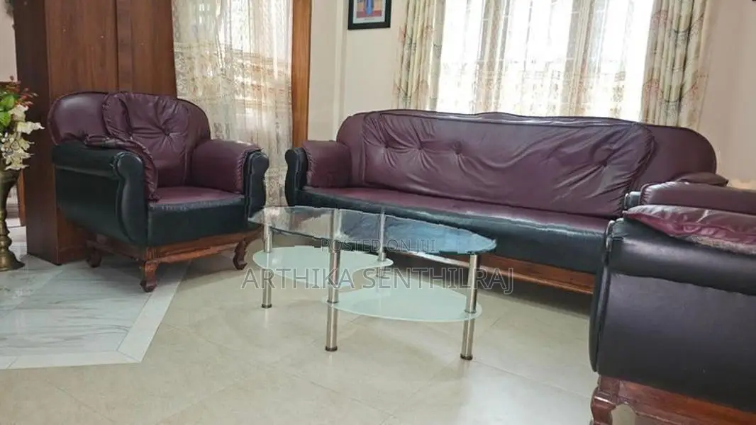 Maroon With Black Leather Sofa Set