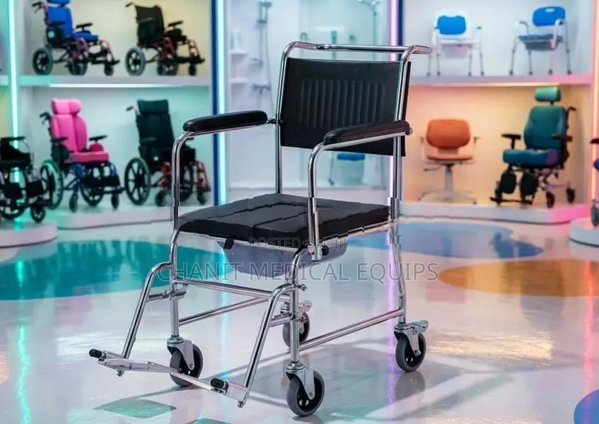 Commode Wheelchair with Caster Wheels and Declining Armrests