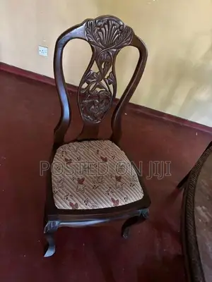 Used Round Teak Table With Six Upholstered Chairs