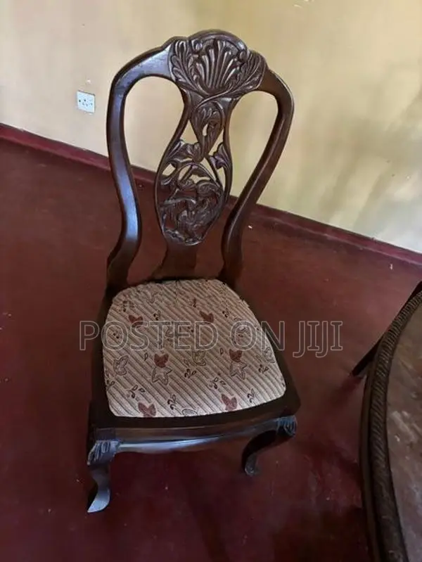 Used Round Teak Table With Six Upholstered Chairs