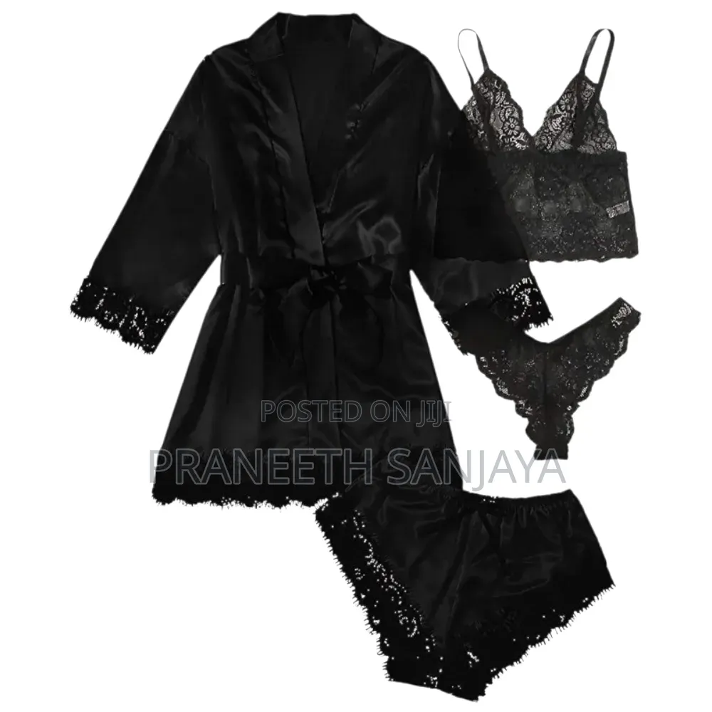 4Pcs/Set Lace Satin Pajama Set With Rode,Chmi Top Short.