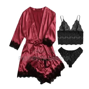 4Pcs/Set Lace Satin Pajama Set With Rode,Chmi Top Short.