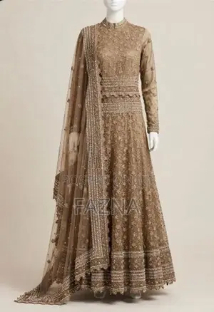 Elegant Champagne Gold Bridal Anarkali With Heavy Pearl Work