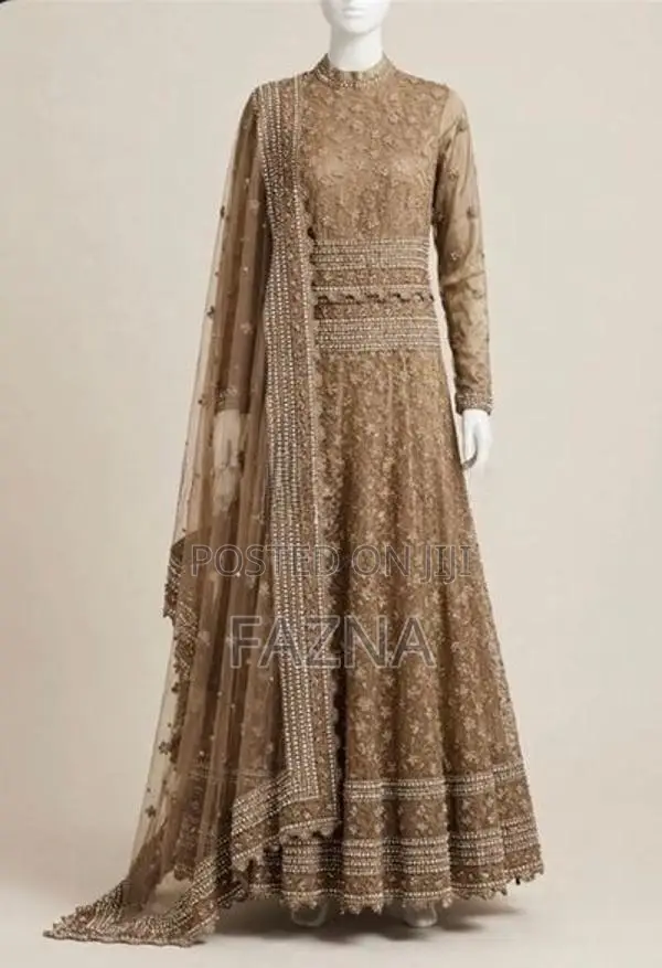 Elegant Champagne Gold Bridal Anarkali With Heavy Pearl Work