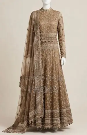 Elegant Champagne Gold Bridal Anarkali With Heavy Pearl Work