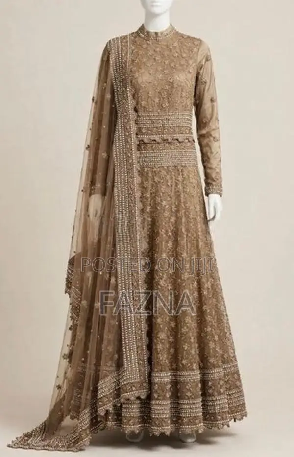 Elegant Champagne Gold Bridal Anarkali With Heavy Pearl Work