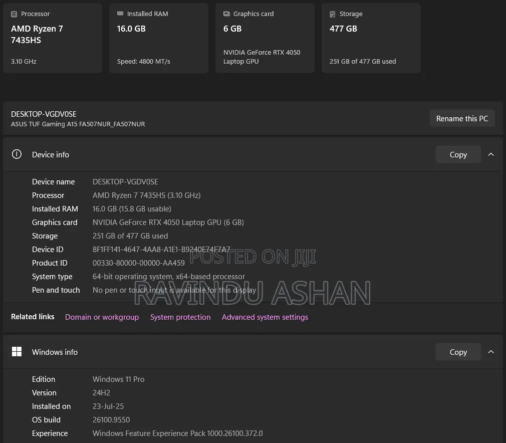 Laptop Asus TUF Gaming A15 16GB AMD Ryzen 7 SSD 512GB